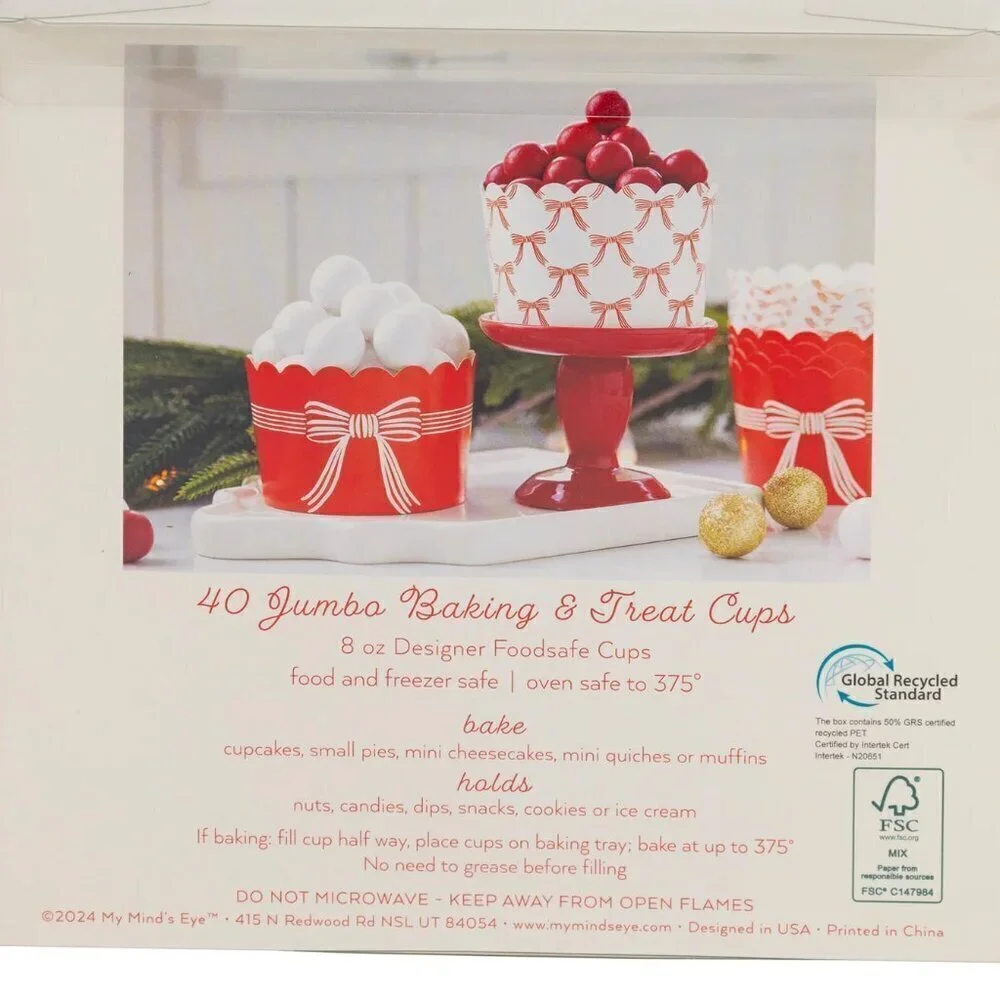 NWT My Minds Eye JUMBO Red and Cream Bows 8 oz Baking Cups (40 ct)